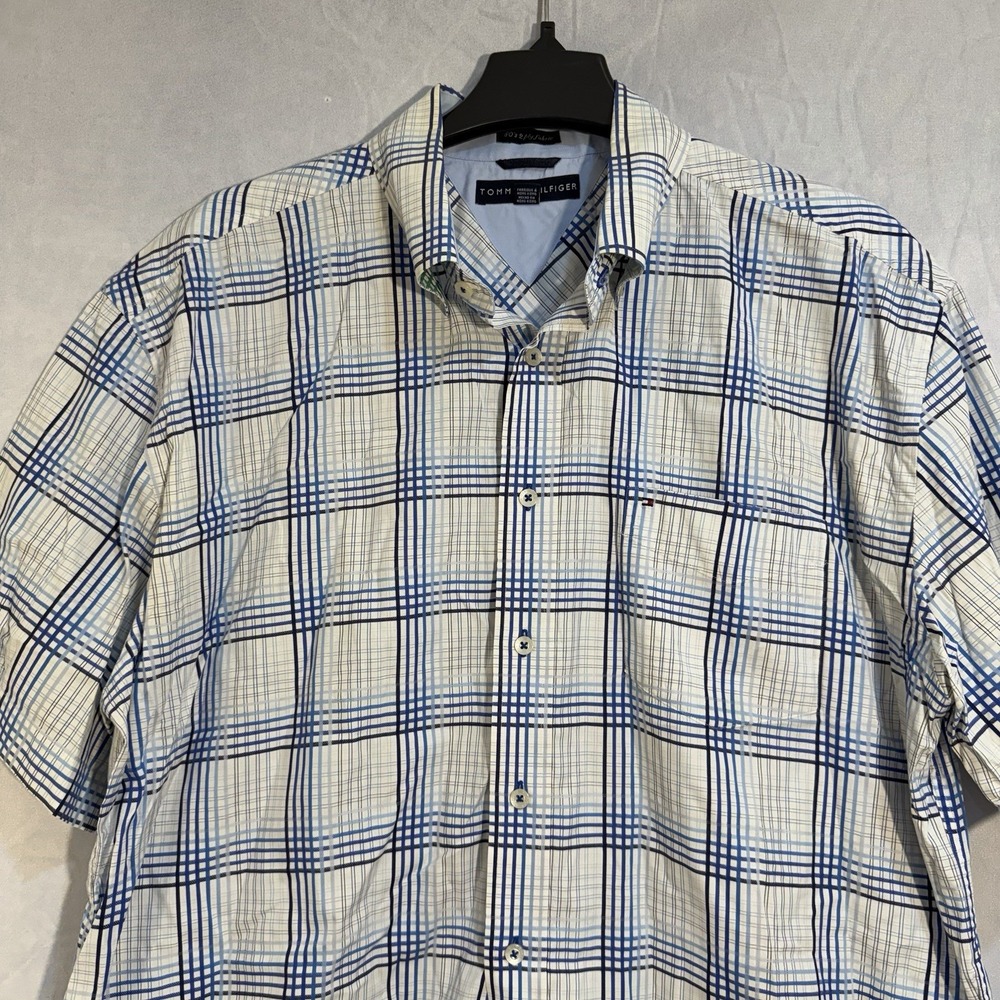 vintage‎ tommy hilfiger shirt Short Sleeve Plaid Button Up Blue White Men's XL